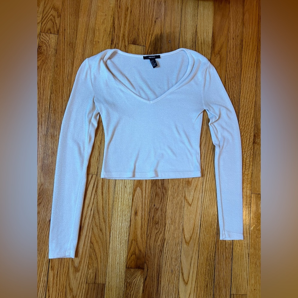 forever 21 - soft pink v-neck top; cropped with long sleeves